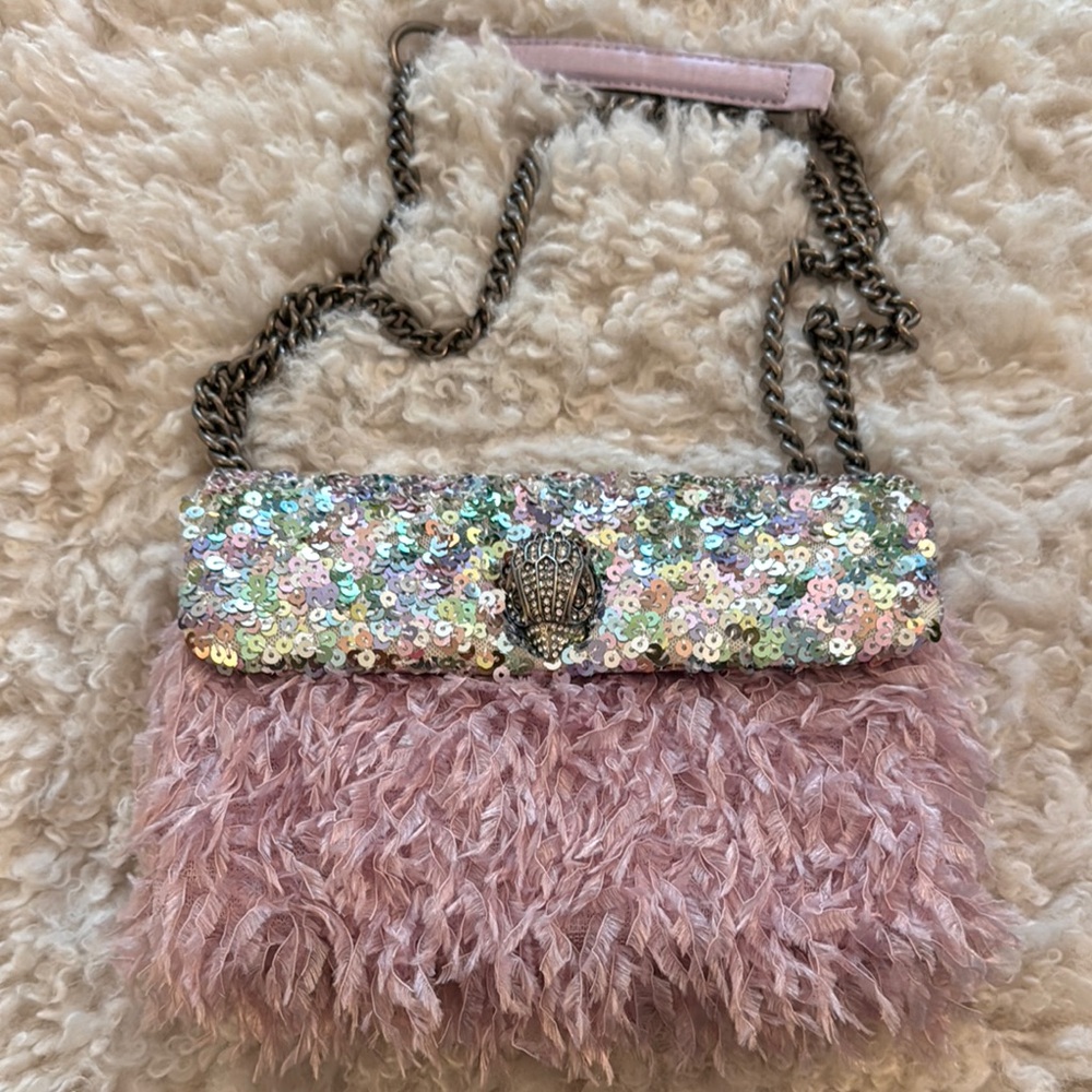Kurt Geiger Pink and Silver Crossbody Bag with Fluffy Trim